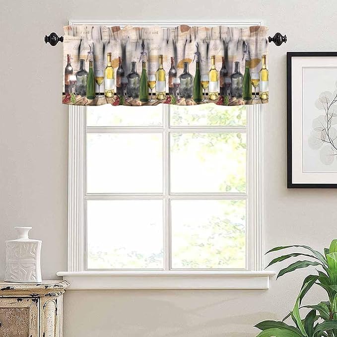 Vintage Red Wine Valance, French Country Wine and Grapes Rustic Farmhouse Short Window Treatment for Kitchen Dining Room Bedroom Home Bar, 54x18Inch