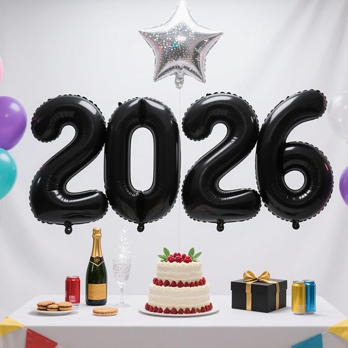 2026 Black Foil Numbers Balloons(40 Inch) Happy New Years Eve Party Supplies 2026 New Year Graduation Balloons Decorations 20 26 Signs Props Birthday Anniversary Wedding Festival Ornament Decor