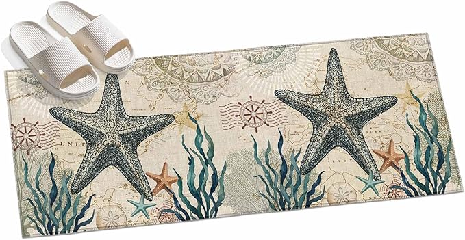 Runner Rug for Bedroom Hallway, Nautical Starfish Teal Seaweed Starfish Kitchen Runner Rugs Area Rug 2x6ft, Marine Life Washable Soft Floor Carpet for Entryway Stair