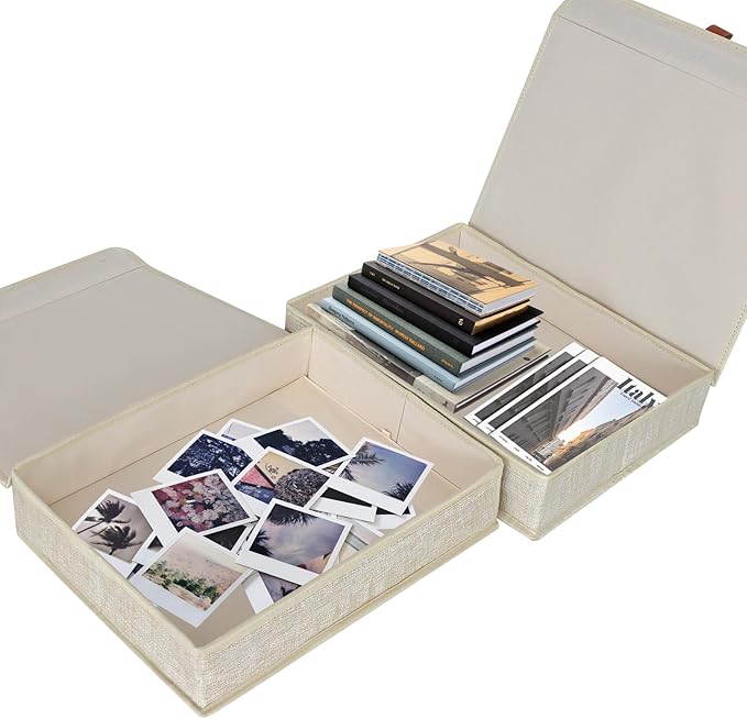 Photo Storage Boxes with Lids, Memory Box for Keepsakes, Picture Organizer Versatile Linen Containers Basket Collapsible Bin for Organizing Home Office, 2 Pack, 14x10.8x2.5 Inch, Beige