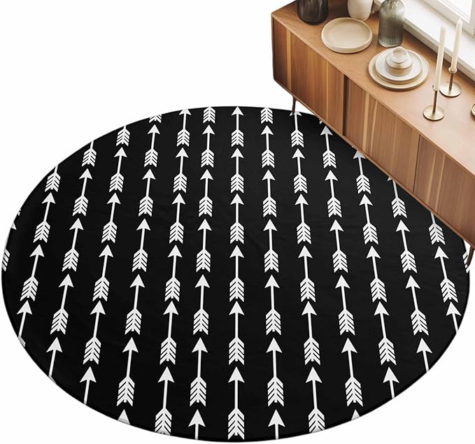 Washable Round Area Rug Tribal Style Arrows Pattern Circle Rugs Floor Carpet for Living Room Bedroom, Black Background Soft Non Slip Round Rug 5ft