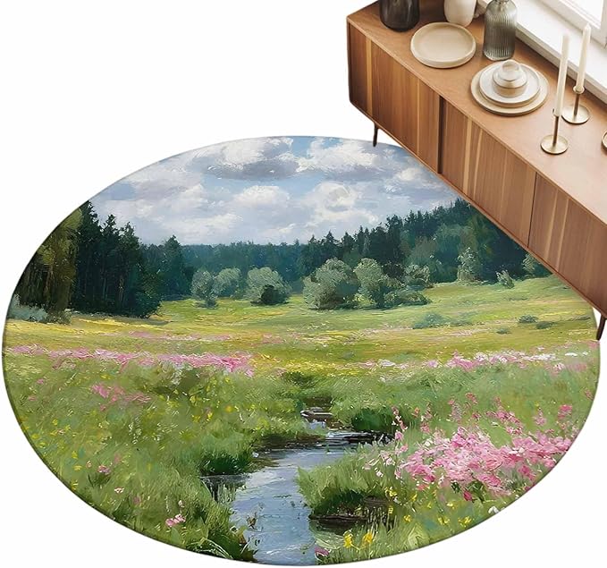 Washable Round Area Rug Watercolor Flowers Leaves Forest Meadow Circle Rugs Floor Carpet for Living Room Bedroom, Oil Paint Texture Soft Non Slip Round Rug 5ft