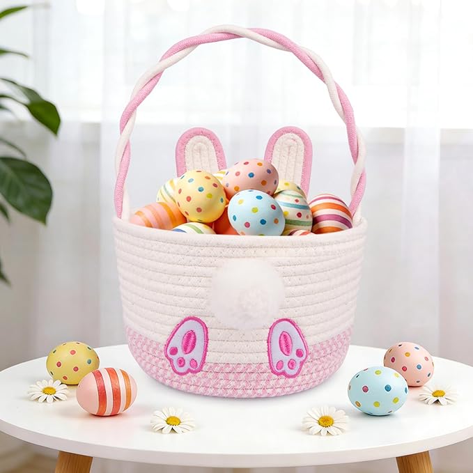 Personalized Easter Basket for Toddler, Bunny Basket for Kids,Empty Woven Rope Cotton for Eggs,Easter Egg Hunt Storage Bin with Handle, Baby Nursery Candy for Boys and Girls, 9''×12''