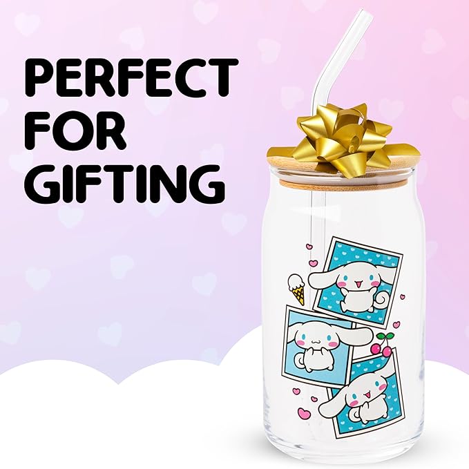 Silver Buffalo Sanrio Hello Kitty and Friends Cinnamoroll Polaroids Glass Jar Tumbler with Bamboo Lid and Glass Straw, 16 Ounces (Pack of 12)