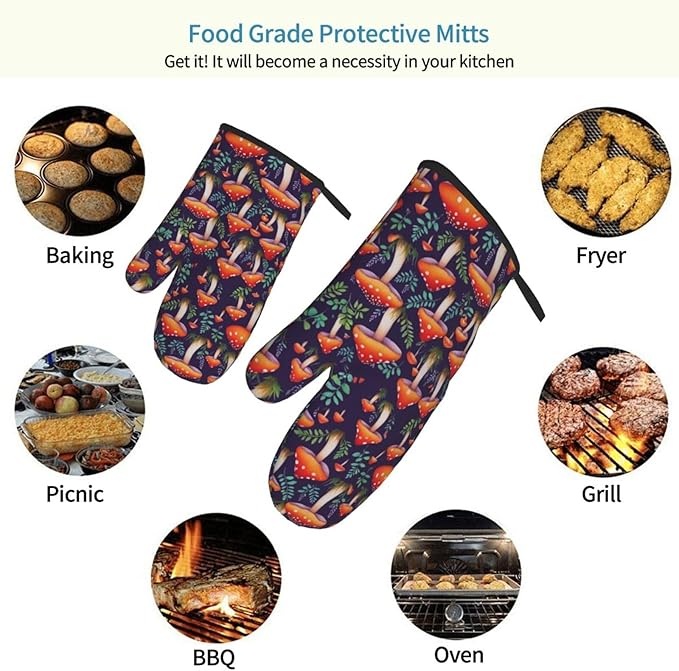 Mushroom Oven Mitts of 2-Pack Set, Funny Kitchen Gloves Heat Resistant Non-Slip Kitchen Mitts Safe Cooking Baking Grilling