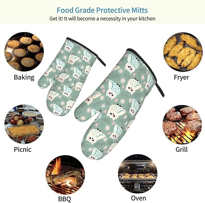 Owl Oven Mitts of 2 Pack, Funny Kitchen Gloves Heat Resistant Non-Slip Kitchen Mitts for Cooking Baking Grilling