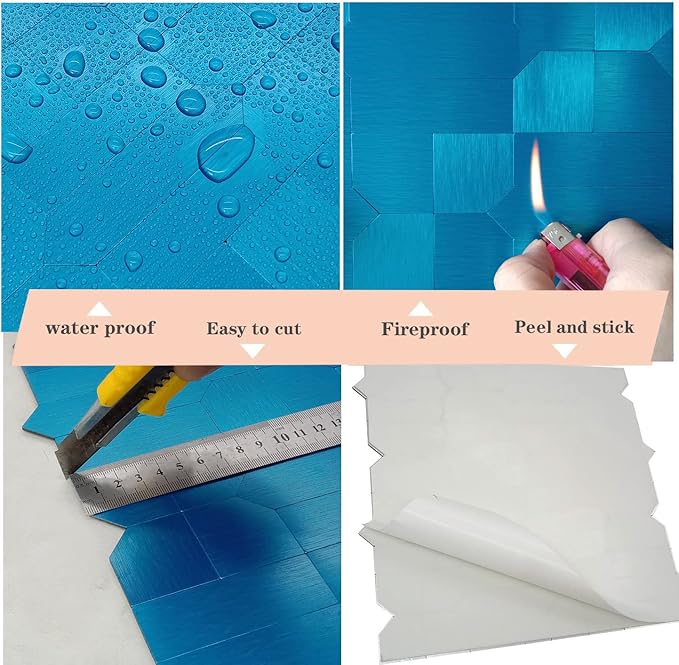 XUANINY 7-Sheet Peel and Stick Metal Backsplash Tiles, Self Adhesive Multiple-Shapes Aluminum Mosaic 3D Wall Sticker for Kitchen Bathroom Decor (7, Brushed Blue)