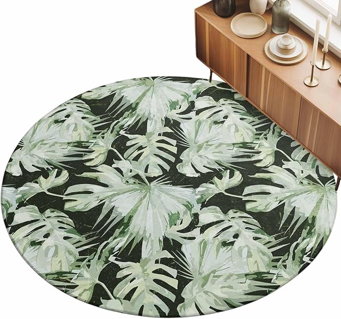 Washable Round Area Rug Abstract Dark Green Palm Leaves Circle Rugs Floor Carpet for Living Room Bedroom, Watercolor Plants Soft Non Slip Round Rug 3ft