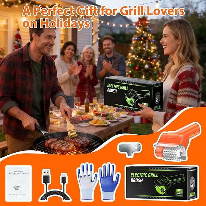 Electric Grill Brush - BBQ Grill Cleaning Tools with 800 RPM Brush Head,3000mAh Battery and 304 Stainless Steel Bristles, Cordless Rechargeable Grill Cleaner for Outdoor (Orange)