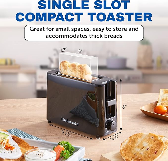 Elite Gourmet ECT118B Cool Touch Single Slice Toaster, 6 Toasting Levels & Wide Slot for Bagels, Waffles, Specialty Breads, Pastry, Snacks, Black