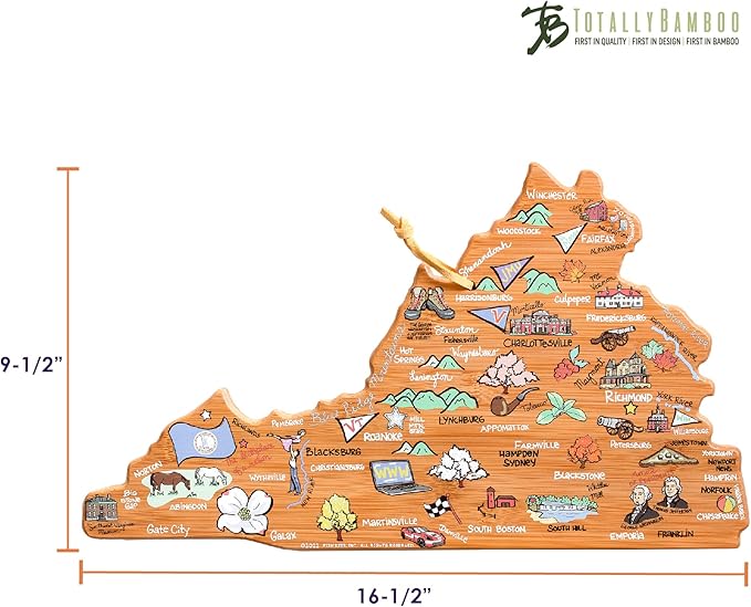 Totally Bamboo Virginia State Shaped Cutting Board and Charcuterie Serving Platter with Artwork by Fish Kiss, Includes Hang Tie for Wall Display