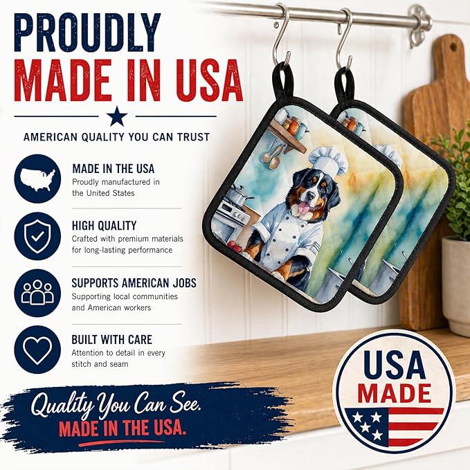 Caroline's Treasures Bernese Mountain Dog The Chef Pair of Pot Holders Kitchen Heat Resistant Pot Holders Sets Oven Hot Pads for Cooking Baking BBQ, 7 1/2 x 7 1/2