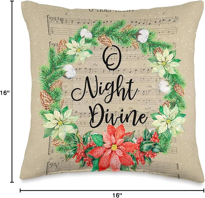Christmas Sheet Music O Holy Night with Watercolor Wreath Throw Pillow