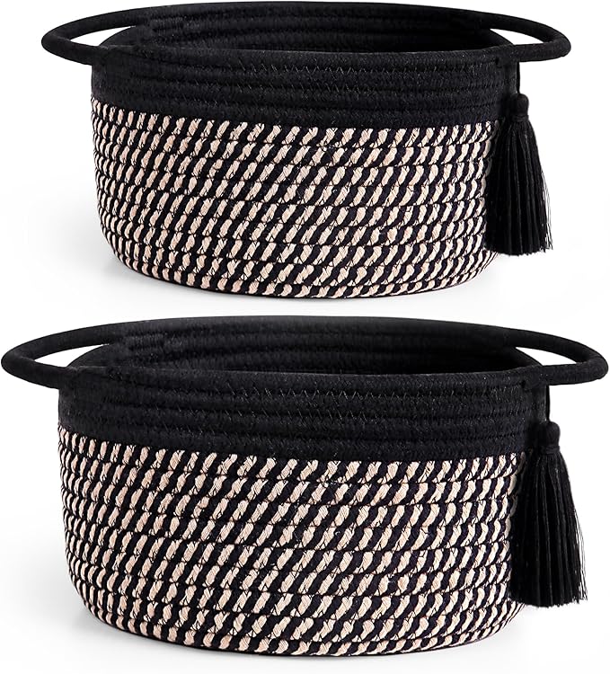 Small Woven Gift Basket Empty to Fill for Boys Man, Little Cotton Rope Bin for Desk, Bathroom, Shleves, Cute Decorative Plant Basket, 2 Pack, Pre-Shaped, With Gifts Bag & Ribbon, Black Brown