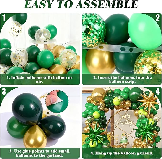 Green and Gold Balloons Garland Arch Kit with Stars Different Shade Green Balloons for Birthday 2026 Graduation Baby Shower Junle Safari Dinosaur Party Anniversary Decorations