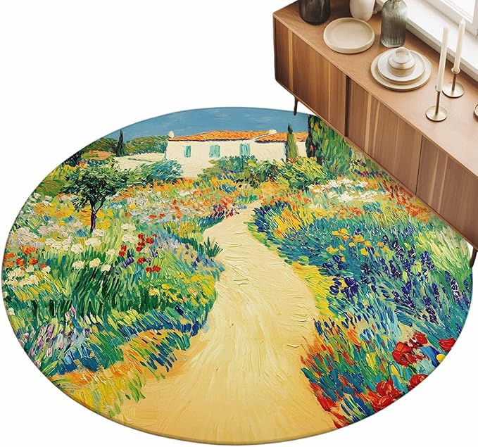 Washable Round Area Rug Pastoral Floral Pink Yellow Flower Green Leaves Circle Rugs Floor Carpet for Living Room Bedroom, Farm Plants Soft Non Slip Round Rug 5ft