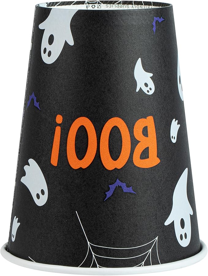 Restaurantware-Restpresso 12 Ounce Halloween Party Cups, 20 Disposable Hot Cups With Plastic Lids - Spooky Ghost Design, Rolled Rim, Black Paper Coffee Cups, Single Wall, Serve Hot And Cold Drinks