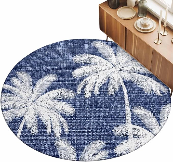 Washable Round Area Rug Coastal Palm Trees on Blue Circle Rugs Floor Carpet for Living Room Bedroom, Minimalist Tropical Leaves Soft Non Slip Round Rug 5ft