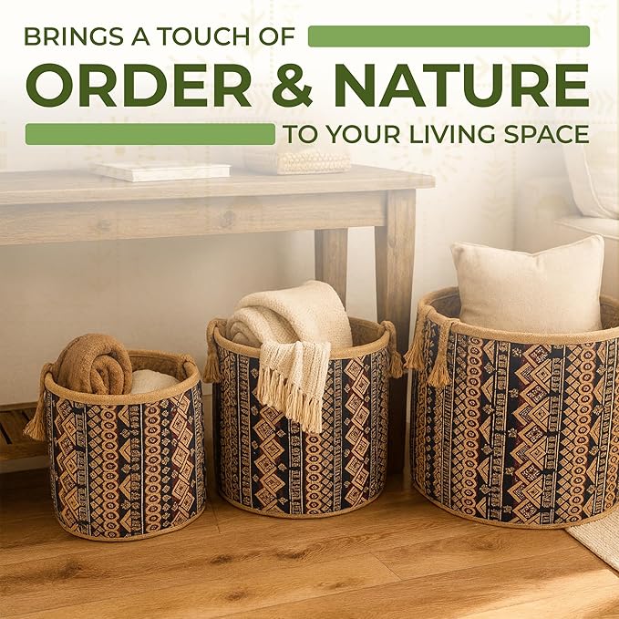 Set of 3 Handwoven Seagrass Baskets with Bohemian Brocade Cover β Decorative Wicker Storage Hampers with Handles for Laundry, Blankets & Toys β Natural Woven Baskets for Home & Bedroom Decor