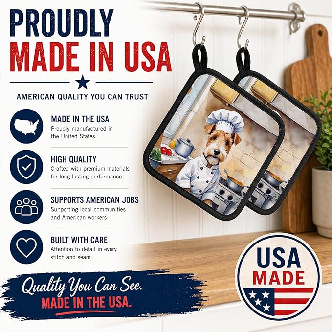 Caroline's Treasures Fox Terrier The Chef Pair of Pot Holders Kitchen Heat Resistant Pot Holders Sets Oven Hot Pads for Cooking Baking BBQ, 7 1/2 x 7 1/2