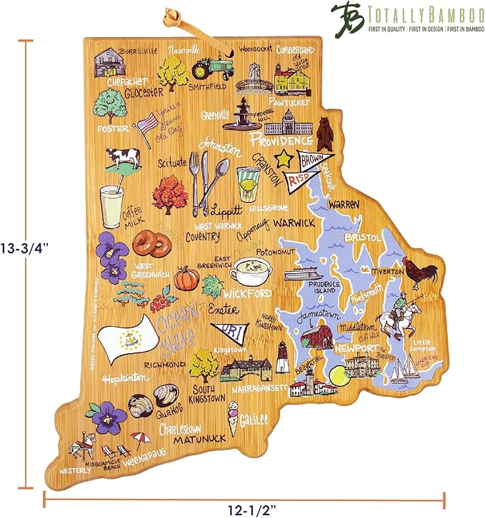 Totally Bamboo Rhode Island State Shaped Cutting Board and Charcuterie Serving Platter with Artwork by Fish Kiss, Includes Hang Tie for Wall Display