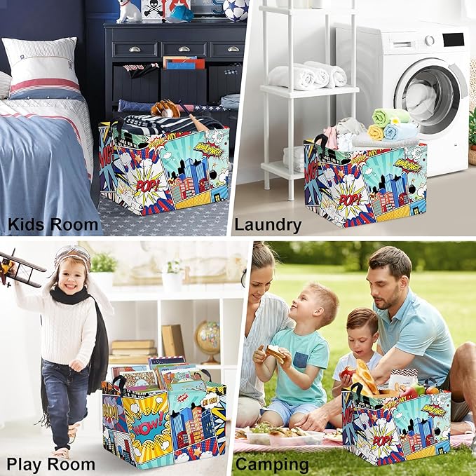 Clastyle 36L Rectangle Blue Comics Hero Kid Storage Basket Collapsible City Building Clothes Toy Nursery Bin Book Shelf Basket