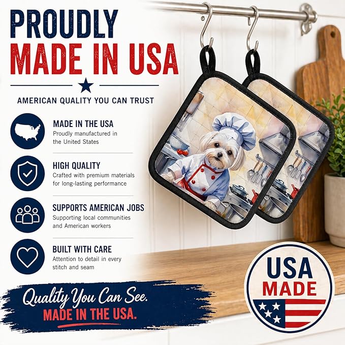 Caroline's Treasures Maltese The Chef Pair of Pot Holders Kitchen Heat Resistant Pot Holders Sets Oven Hot Pads for Cooking Baking BBQ, 7 1/2 x 7 1/2