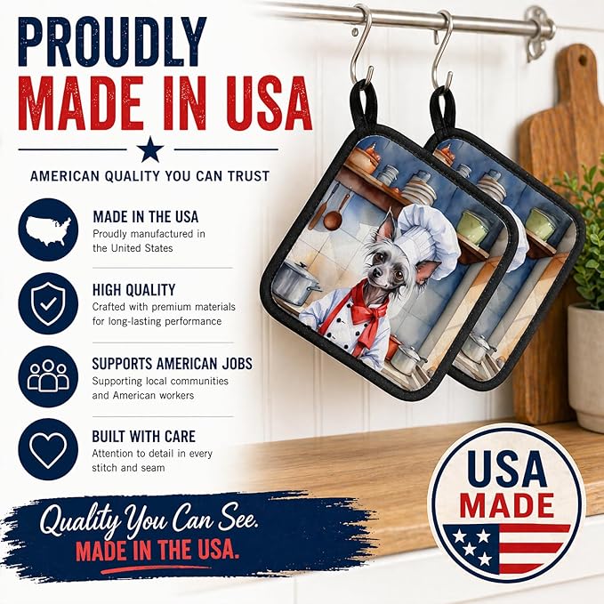 Caroline's Treasures Chinese Crested The Chef Pair of Pot Holders Kitchen Heat Resistant Pot Holders Sets Oven Hot Pads for Cooking Baking BBQ, 7 1/2 x 7 1/2