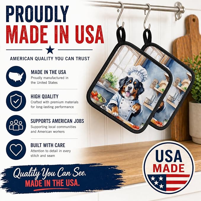Caroline's Treasures Bernese Mountain Dog The Chef Pair of Pot Holders Kitchen Heat Resistant Pot Holders Sets Oven Hot Pads for Cooking Baking BBQ, 7 1/2 x 7 1/2