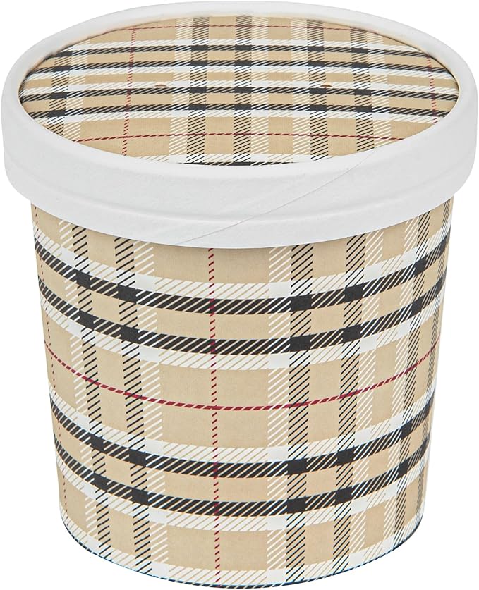 Restaurantware-LIDS ONLY: Bio Tek Soup Container Lids, 200 Disposable Bowl Lids For 12 Ounce Soup Cups - Containers Sold Separately, Vented, Plaid Print Paper Soup Container Lids, Round,