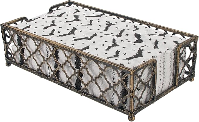 Boston International Paper Napkin Holder Caddy Dispenser for Kitchen Dining Buffet & Bar Countertops, 9" x 5.25" (Fits Guest Towel Size), Antique Brass Trellis