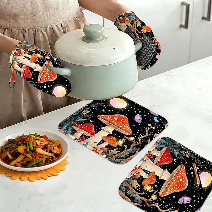 Oven Mitts and Pot Holders Mushroom Silicone Kitchen Accessories Set of 4 Heat Resistant Gloves Colorful Butterfly Moon Star Potholder Non-Slip Grip for Chef Cooking Baking Grilling BBQ