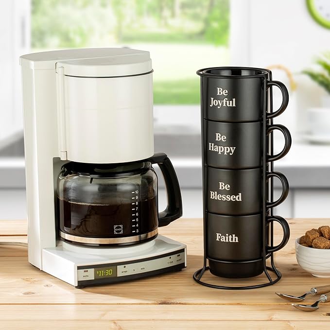 Signature Housewares Stackable Coffee Mug Tower Set with Metal Wire Rack - 15 Ounce Coffee Mugs for Coffee, Tea, Cocoa, Milk, Cappuccino, Hot Chocolate Set of 4 - Be Happy Matte Black