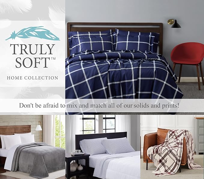 TRULY SOFT Printed Windowpane White and Navy Polyester 3-Piece Twin XL Sheet Set, Geometric Themed, for Men and Women, Oeko-TEX Certified Confidence