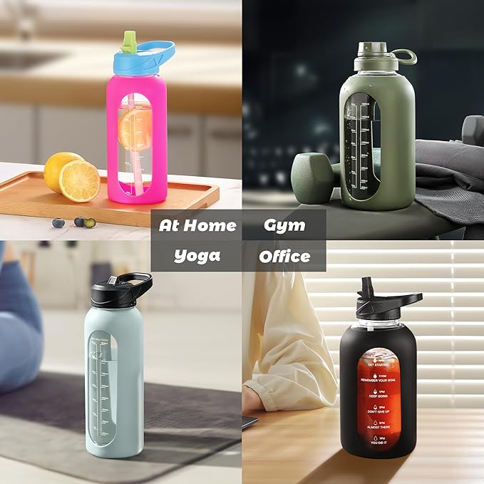 CIVAGO 64 oz Glass Water Bottle Jug with Straw and Handle, Half Gallon Sports Motivational Bottle with Time Marker and 2 Lids, Flask Canteen with Silicone Sleeve for Gym, Sage