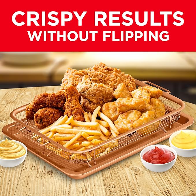Bakken Swiss Air Fryer Tray Basket w/Elevated Mesh Great For Oven, For Baking & Crispy Foods, Dishwasher Safe,PTFE/PFOA/PFOS FREE Extra-large 9.5/''x13/'',Copper