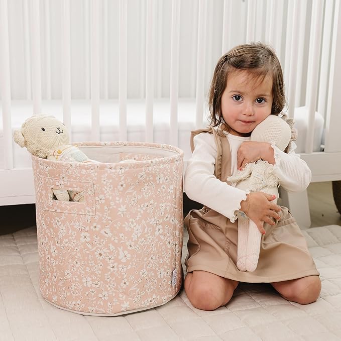 Sorrel + Fern Nursery Storage Basket (Fleurette), Soft Collapsible Fabric Toy Bin, Floral-Inspired Organizer for Playroom or Nursery, Gender-Neutral Decor, 13 × 13 Inches