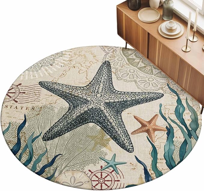 Washable Round Area Rug Nautical Starfish Teal Seaweed Starfish Circle Rugs Floor Carpet for Living Room Bedroom, Marine Life Soft Non Slip Round Rug 5ft