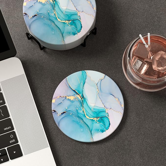 Nipichsha Coasters for Drinks, Set of 6 Cute Absorbent Ceramic Drink Coasters for Cup with Holder and Cork Base, Kitchen Home Decor Housewarming Gift, Round 4 in, Colorful Marble