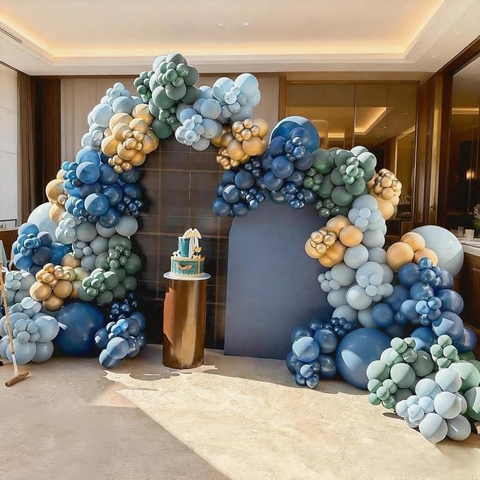 Green and Navy Blue Balloon Arch Kit, Dusty Dark Blue and Sage Green Gold Balloon Garland Kit for Boys Luxury Bear Baby Shower Jungle Safari Mens Birthday Xmas Party Decorations