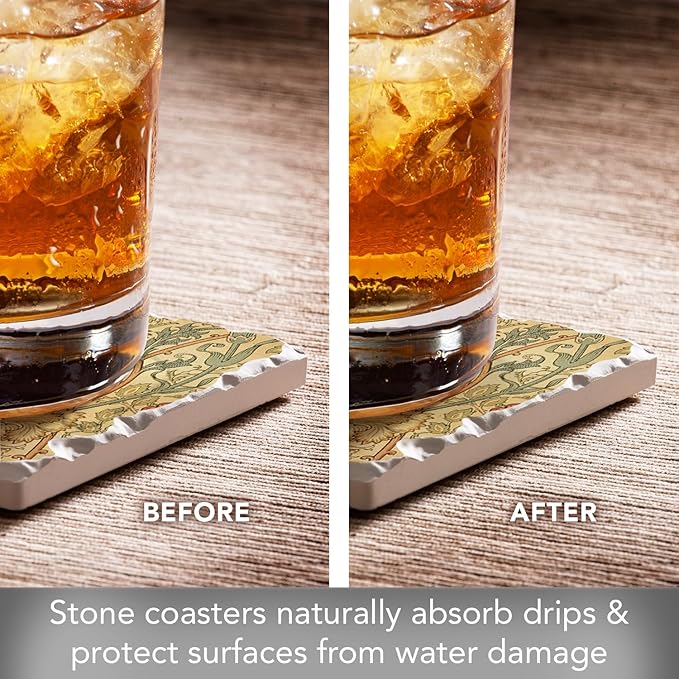 Thirstystone William Morris Textiles 4 Pack Assorted Tumbled Tile Stone Coasters with Protective Cork Backing Manufactured in The USA Absorbent Easily Wipes Clean