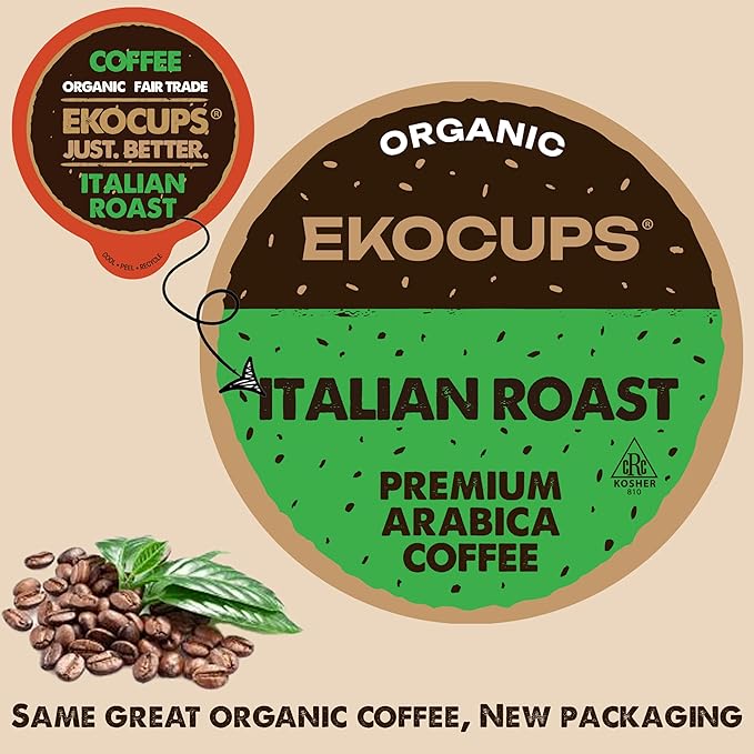 EKOCUPS Organic Italian Roast Coffee Pods, Extra 30% More Coffee Per Cup, Artisan Fair Trade Dark Roast, Italian Roast for Keurig K Cup Machines, Recyclable Pods, 40 Count