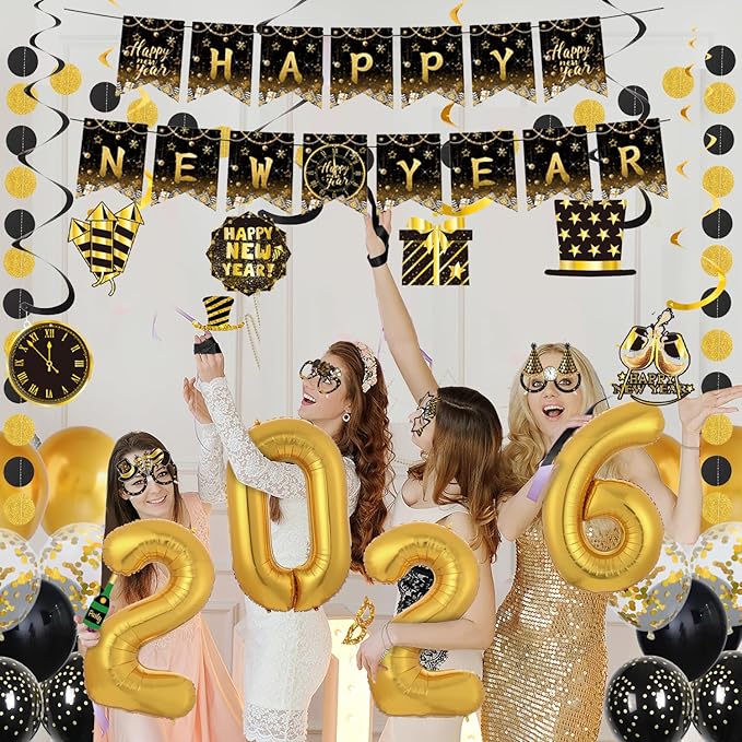 63 Pieces New Years Eve Party Supplies 2026 , Happy New Year Banner,Paper Glasses,Paper Photo Props,Hanging Swirls,Black Gold Circle Dots Garland and 2026 Foil balloons for New Years Party Decorations