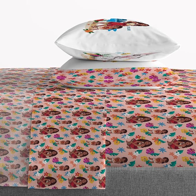 Jay Franco Kids Sheet Set with Fitted, Flat Sheets & Pillow Cover - Ultra-Soft Bedding with Pillowcase for Room Decor, Pink - Moana, 4 Piece Full