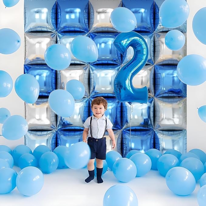 Blue Silver Square Foil Balloon Wall,25Pcs Double Sided Balloons Backdrop Helium Polyester Film Balloon Tunnel Arch Garland Kit for Birthday Bridal Anniversary Baby Shower Party Decorations