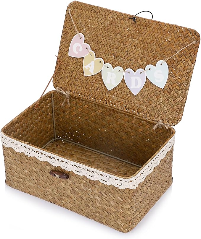 Hipiwe Wedding Card Basket Box Handwoven Seagrass Basket Bin with Letter Flag Wedding Favors Post Box Reception Card Holder for Party, Birthday, Graduation, Baby & Bridal Shower