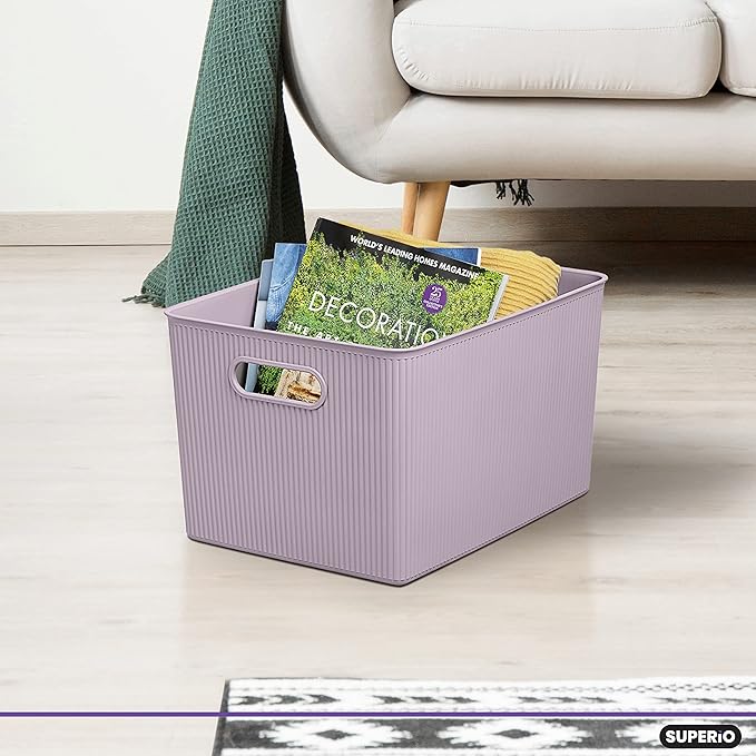 Superio Ribbed Collection - Decorative Plastic Basket Open Home Storage Bins Organizer, X-Large Lilac Purple (1 Pack) Container Boxes for Organizing Closet Storage Bins for Shelves 22 Liter/23 Quart