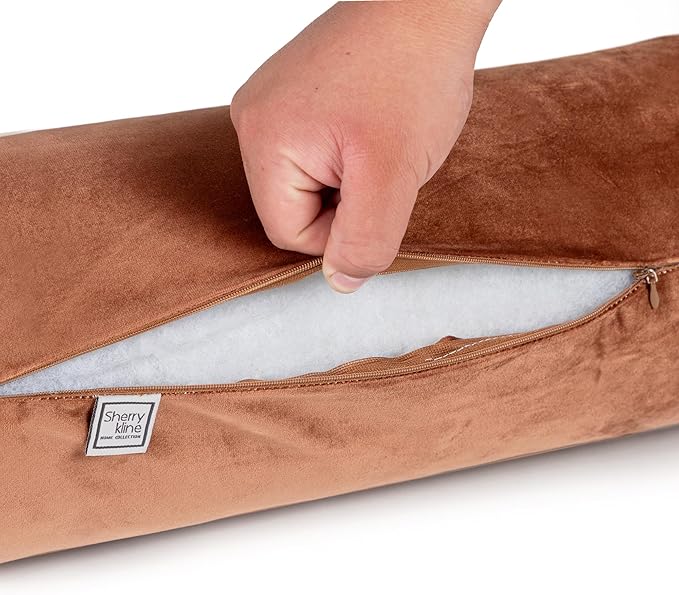 Sherry Kline Velvet Set of 2 Neck Bolster Pillow, Made with Plush Velvet, Cylinder Pillows, for Couch & Bed, Decorative Round Throw Pillow, Back & Neck Support (Set of 2, Brown)