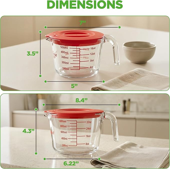NutriChef 2 and 4 Cups Glass Measuring Cup Set with Lids (17 & 34 oz) - Heat-Resistant Borosilicate Liquid Measure Cups with Easy-Read Scale for Cooking, Baking and Food Storage, Dishwasher Safe