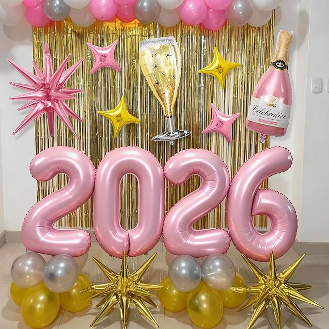 Pink 2026 Balloons, 40 Inch Number 2026 Pink Foil Balloons, Pink and Gold Star Balloon, Champagne Bottle Glass Balloon for Happy New Years Eve Party Supplies 2026 Class of 2026 Graduation Decorations